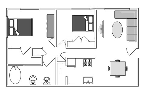 A floor plan of a house with a kitchen, living room, and bathroom.